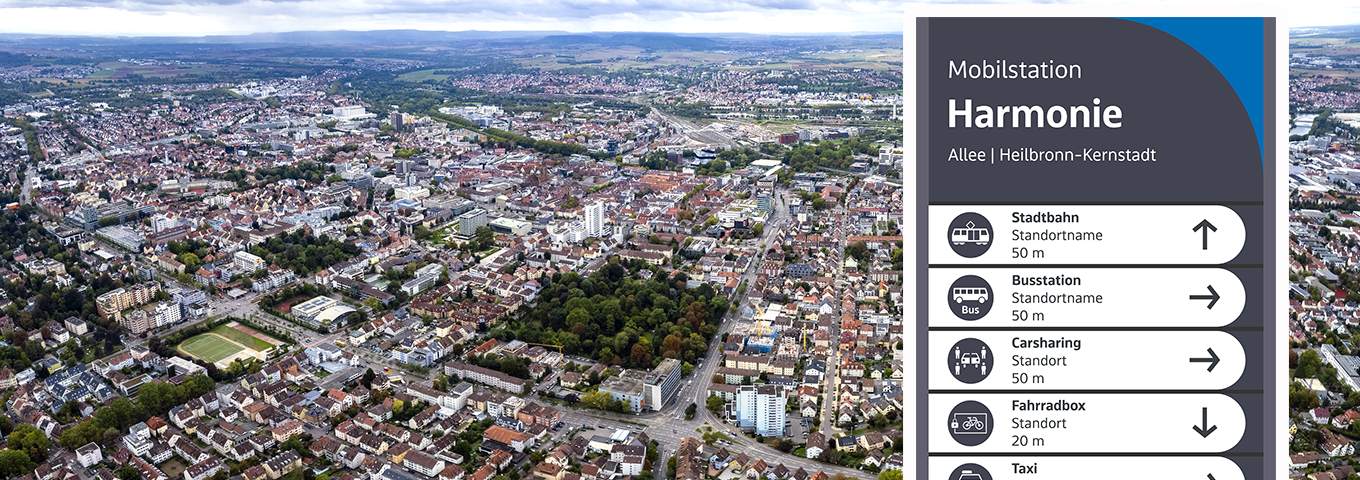 Luftbild von Heilbronn und der Region mit einem Hinweisschild für eine Mobilstation